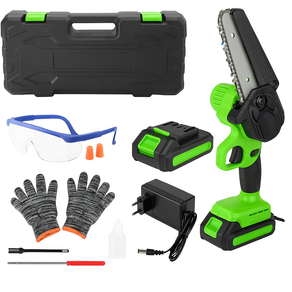 Mini drujba electrica cu lant, Zola, 1000W, 7m/s, diametru maxim taiere 14-19 cm, 2 acumulatori, 2000mAh, Li-ion 21V, protectie impotriva pornirii accidentale, accesorii de protectie si de curatare, negru/verde Mini drujba electrica cu lant, Zola, 1000W, 7m/s, diametru maxim taiere 14-19 cm, 2 acumulatori, 2000mAh, Li-ion 21V, protectie impotriva pornirii accidentale, accesorii de protectie si de curatare, negru/verde